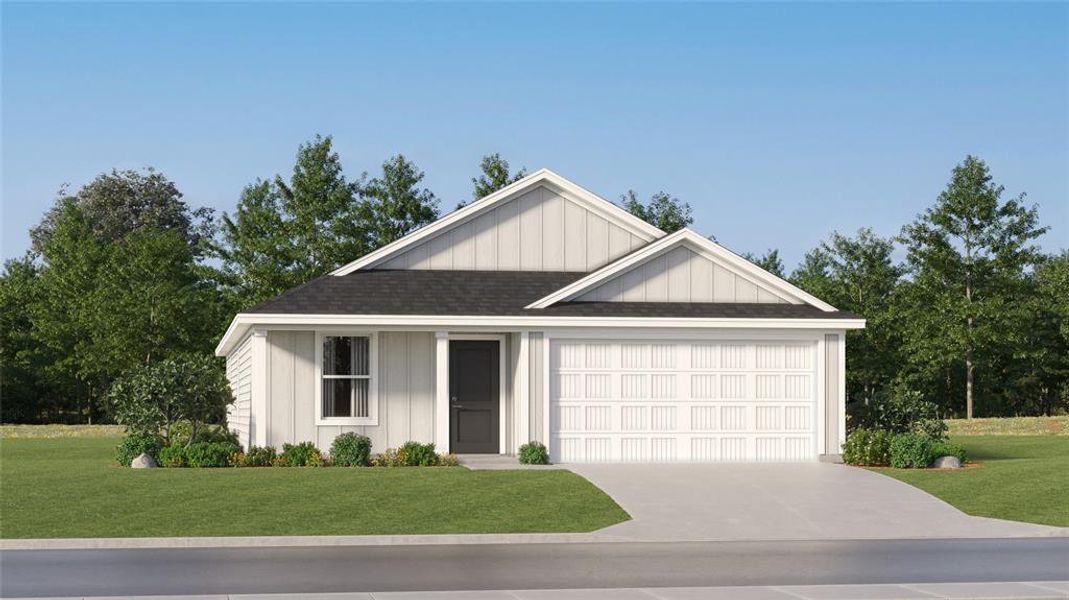 View of front of house with board and batten siding, a front yard, concrete driveway, and a shingled roof View of front of house with board and batten siding, a front yard, concrete driveway, and a shingled roof