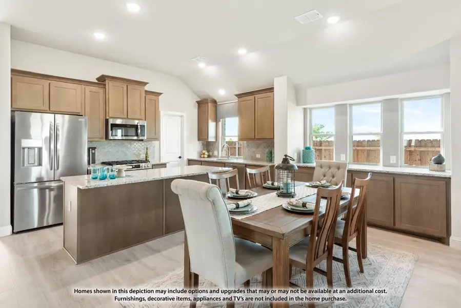 Open kitchen and dining area with brown cabinets, granite island, stainless appliances, and a six-seat dining table on hardwood floors Open kitchen and dining area with brown cabinets, granite island, stainless appliances, and a six-seat dining table on hardwood floors