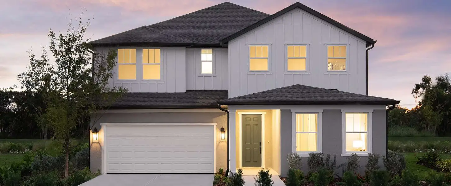 Representative exterior photo of a completed home built from the Duval by Ashton Woods in Oakfield Trails Traditional, Parrish, FL (Image 1). Representative exterior photo of a completed home built from the Duval by Ashton Woods in Oakfield Trails Traditional, Parrish, FL (Image 1).