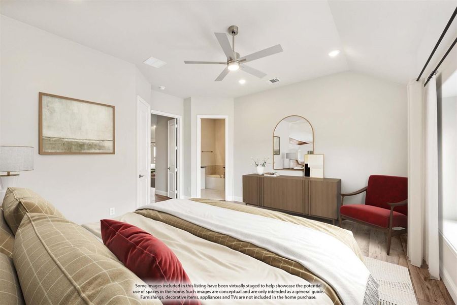 Bedroom with ceiling fan, hardwood floors, and open door to ensuite bathroom Bedroom with ceiling fan, hardwood floors, and open door to ensuite bathroom