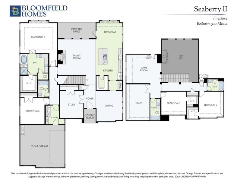 Bloomfield Homes Seaberry II floor plan with 5 bedrooms, game room, media room, and 2-car garage across two floors.