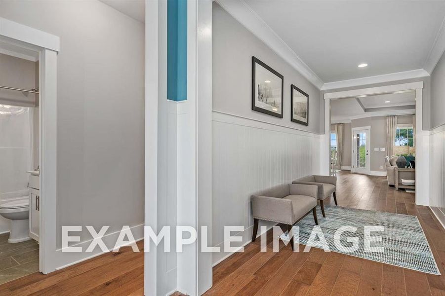 Hallway featuring dark wood-type flooring and ornamental molding