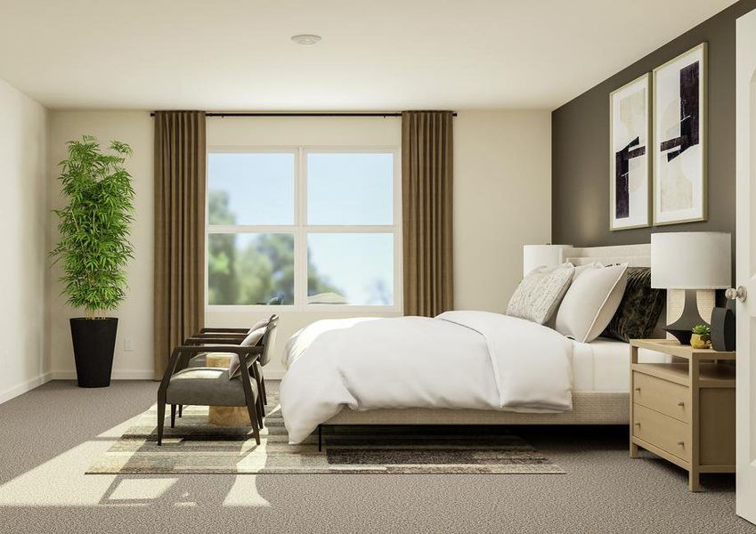 Rendering of the owner's suite, featuring
  oversized bedroom furniture and a plush seating area.