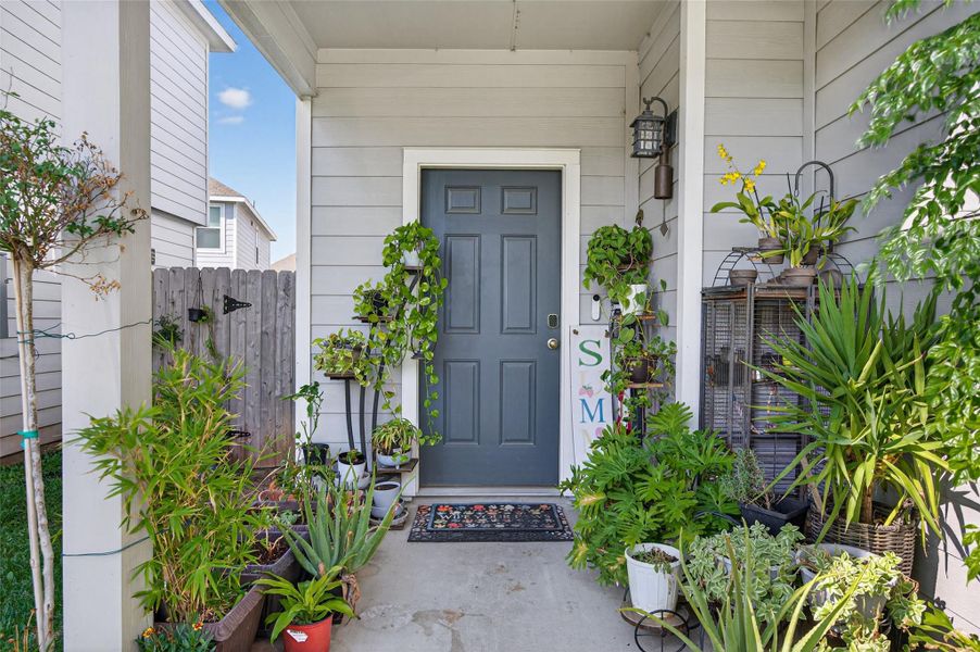 Charming entrance with a welcoming front door surrounded by lush potted plants, creating a cozy and inviting atmosphere. Ideal for plant lovers!