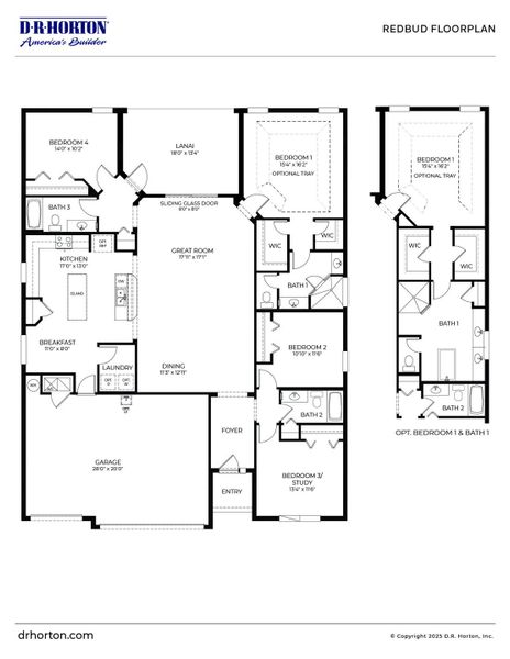 2D floor plan layout for the Red Bud by D.R. Horton in Indian River Preserve, Mims, FL (Image 2). 2D floor plan layout for the Red Bud by D.R. Horton in Indian River Preserve, Mims, FL (Image 2).