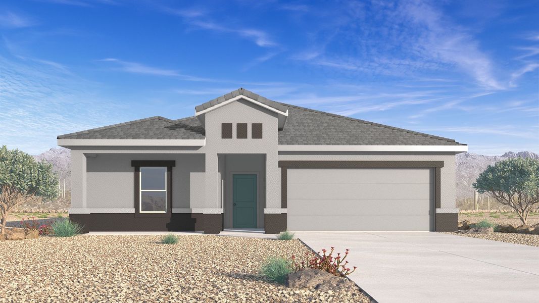 Front exterior of a new home in Saguaro Bloom, Marana, AZ, highlighting curb appeal (Image 1). Front exterior of a new home in Saguaro Bloom, Marana, AZ, highlighting curb appeal (Image 1).