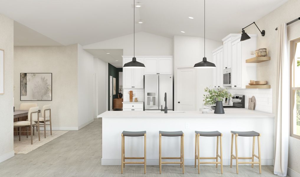 Kitchen with peninsula island and floating shelves