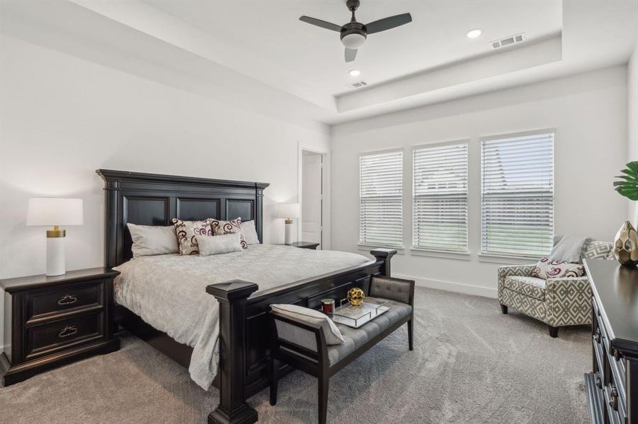 Main bedroom with ceiling fan & raised ceiling