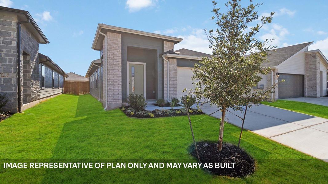 Front exterior of a new home in Southgrove, Kyle, TX, highlighting curb appeal (Image 16).