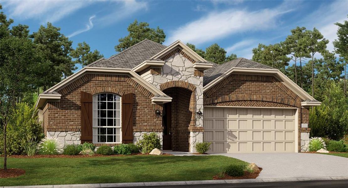 View of front of home with a front lawn and a garage