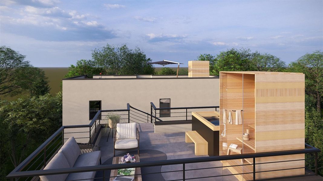 Rooftop deck featuring outdoor seating, a hot tub, and a sauna