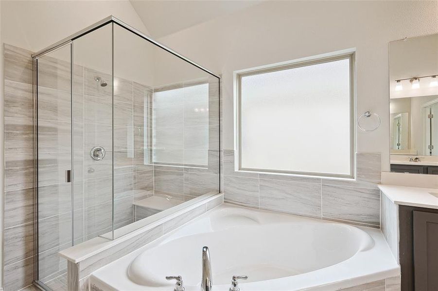 Bathroom with independent shower and bath and vanity