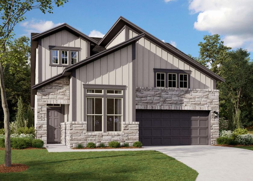 Front exterior of a new home in Estancia West, Manchaca, TX, highlighting curb appeal (Image 2). Front exterior of a new home in Estancia West, Manchaca, TX, highlighting curb appeal (Image 2).