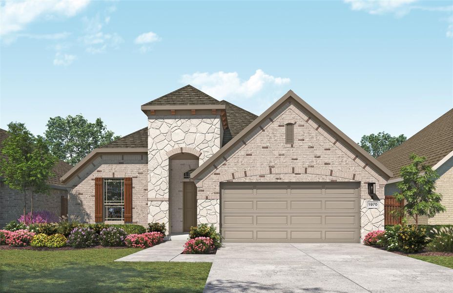 Front exterior of a new home in Sunfield, Buda, TX, highlighting curb appeal (Image 1). Front exterior of a new home in Sunfield, Buda, TX, highlighting curb appeal (Image 1).