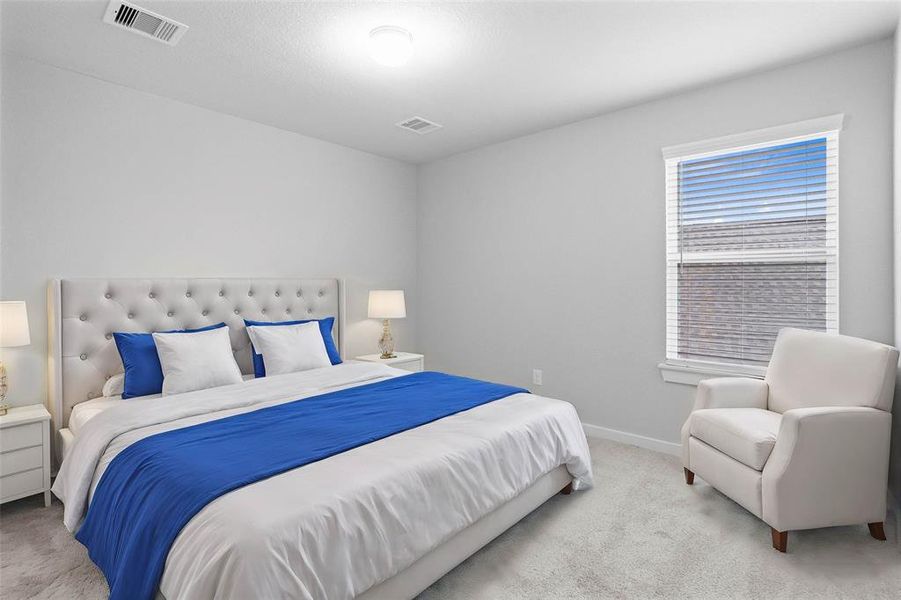 Secondary bedroom features plush carpet, custom paint, high ceilings, and a large window with privacy blinds.