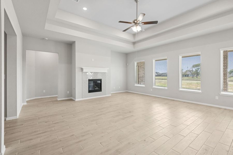 Open great room with cozy fireplace