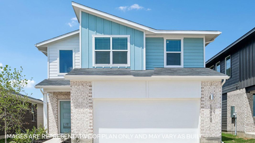 Front exterior of a new home in Frontier, Mustang Ridge, TX, highlighting curb appeal (Image 2). Front exterior of a new home in Frontier, Mustang Ridge, TX, highlighting curb appeal (Image 2).