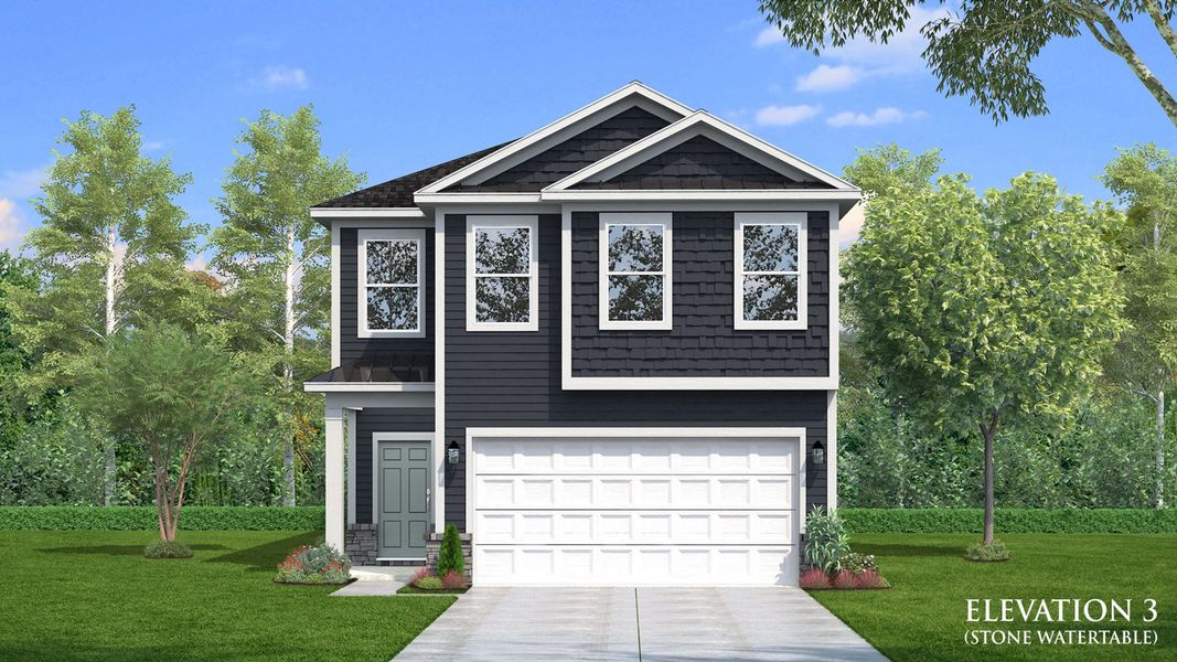 Representative exterior photo of a completed home built from the Juniper by DRB Homes in Sidney Creek Single Family, Zebulon, NC (Image 11). Representative exterior photo of a completed home built from the Juniper by DRB Homes in Sidney Creek Single Family, Zebulon, NC (Image 11).