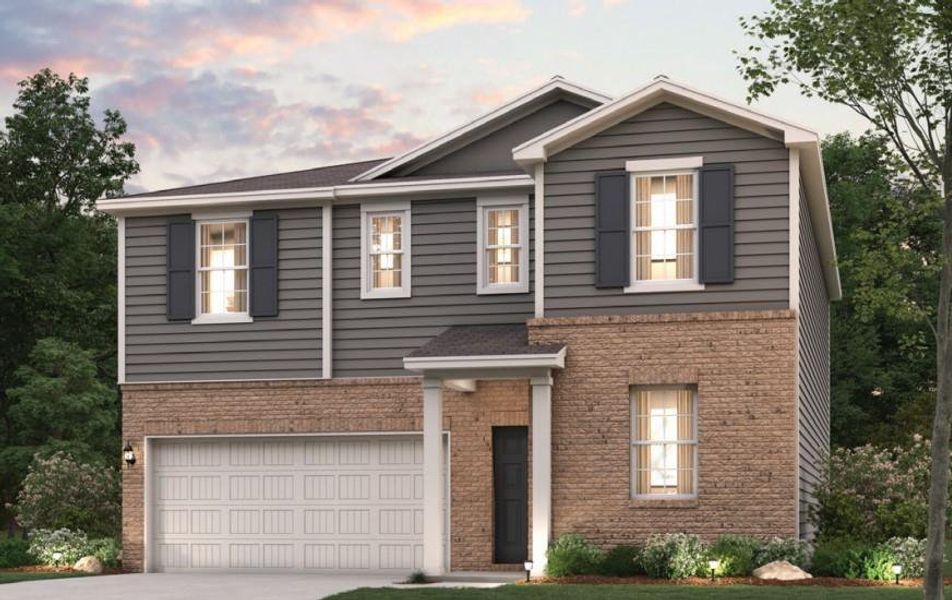 Front exterior of a new home in Kingsley Creek, Lithonia, GA, highlighting curb appeal (Image 1).