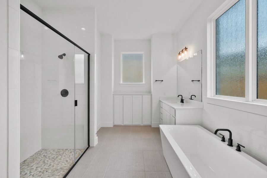 Primary Bath retreat with dual vanities, garden tub & walk-in shower