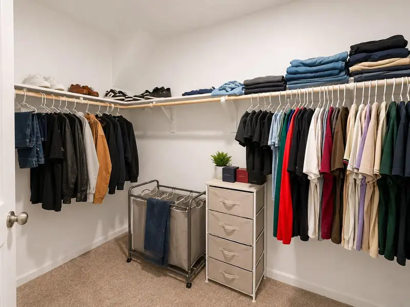 Functional walk-in closet featuring ample shelving and hanging space for an organized wardrobe. Functional walk-in closet featuring ample shelving and hanging space for an organized wardrobe.