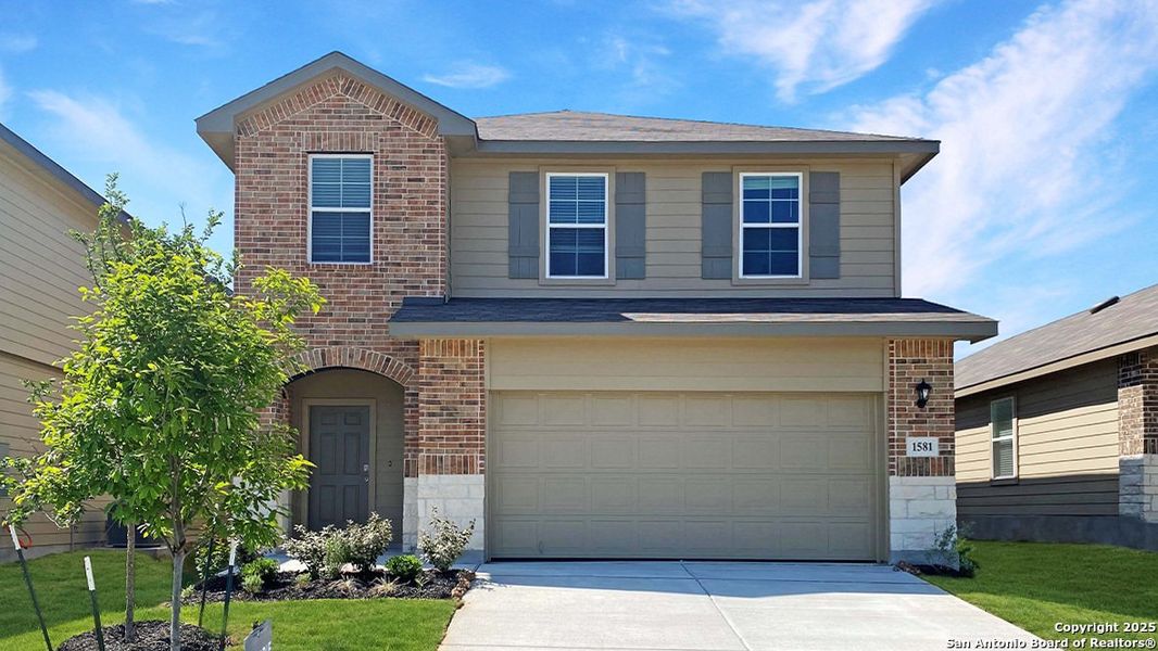 Front exterior of a new home in Winding Creek, New Braunfels, TX, highlighting curb appeal (Image 2). Front exterior of a new home in Winding Creek, New Braunfels, TX, highlighting curb appeal (Image 2).