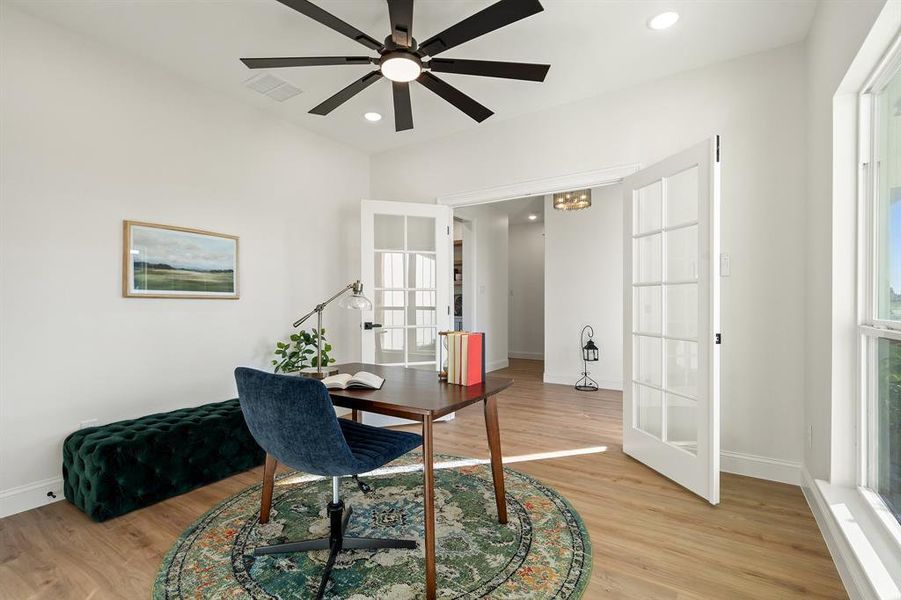 Office featuring french doors, recessed lighting, light wood-style floors, a chandelier, and ceiling fan Office featuring french doors, recessed lighting, light wood-style floors, a chandelier, and ceiling fan