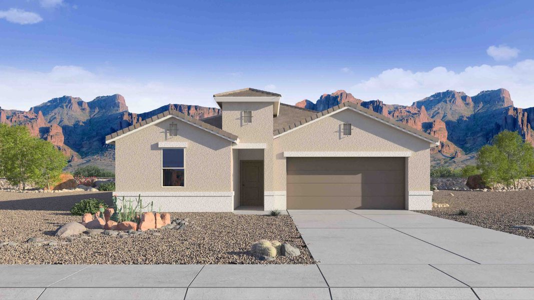 Front exterior of a new home in Radiance at Superstition Vistas, Apache Junction, AZ, highlighting curb appeal (Image 1).