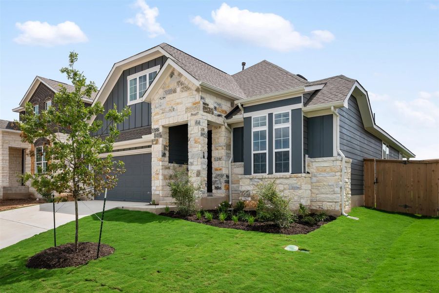 Front exterior of a new home in The Colony 50s, Cedar Creek, TX, highlighting curb appeal (Image 16).