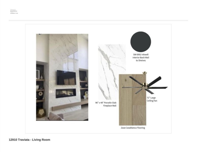 This expansive open-concept living area features soaring ceilings and a full-height porcelain slab fireplace wall, adding a dramatic focal point. Custom built-ins flank the fireplace, and a statement designer ceiling fan enhances both scale and style. Wide-plank engineered hardwood floors run throughout, offering a seamless flow and luxurious finish. This expansive open-concept living area features soaring ceilings and a full-height porcelain slab fireplace wall, adding a dramatic focal point. Custom built-ins flank the fireplace, and a statement designer ceiling fan enhances both scale and style. Wide-plank engineered hardwood floors run throughout, offering a seamless flow and luxurious finish.