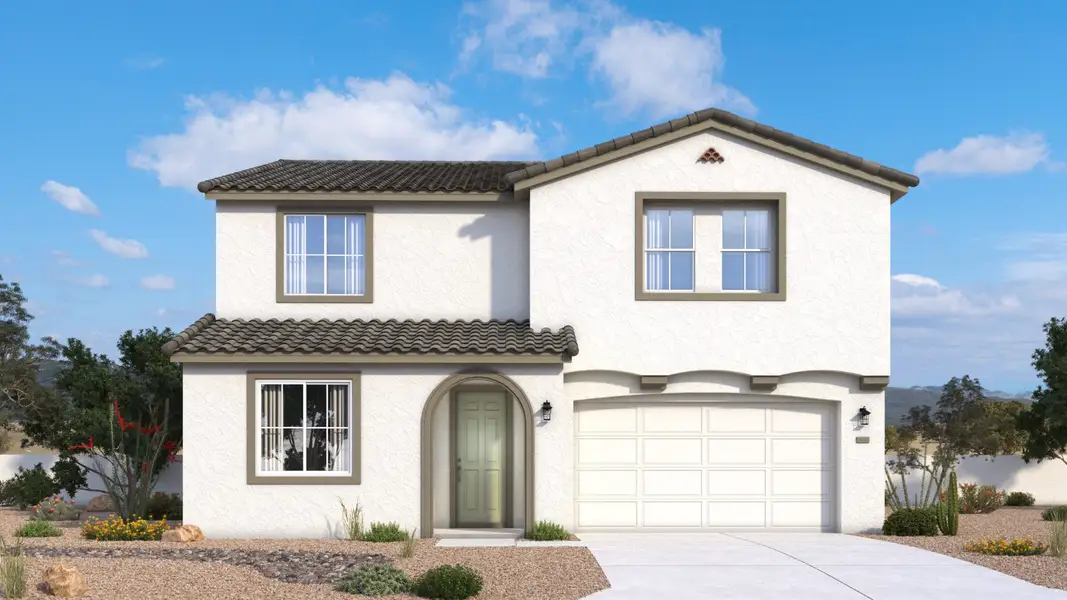 Spanish-style Powell home exterior with warm stucco, arched details and a timeless desert character by DRB Homes in Arizona. Spanish-style Powell home exterior with warm stucco, arched details and a timeless desert character by DRB Homes in Arizona.