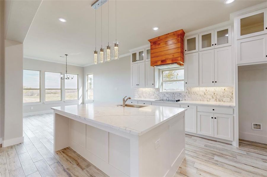 Kitchen with white cabinets, a kitchen island with sink, light stone counters, and plenty of natural light