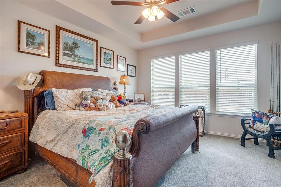 Carpeted bedroom featuring a tray ceiling and ceiling fan Carpeted bedroom featuring a tray ceiling and ceiling fan