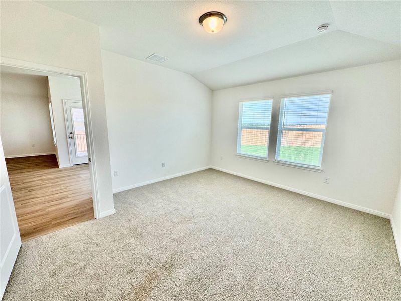 Unfurnished room with healthy amount of natural light, light colored carpet, and lofted ceiling