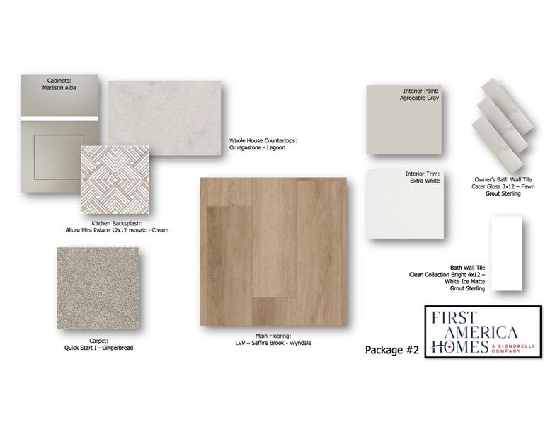 First America Homes Package 2 design board showing cabinet, flooring, tile, countertop, and paint color samples in neutral tones. First America Homes Package 2 design board showing cabinet, flooring, tile, countertop, and paint color samples in neutral tones.