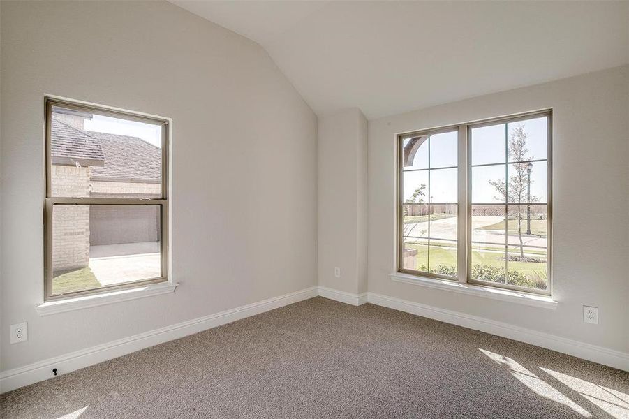 Spare room featuring carpet flooring and lofted ceiling