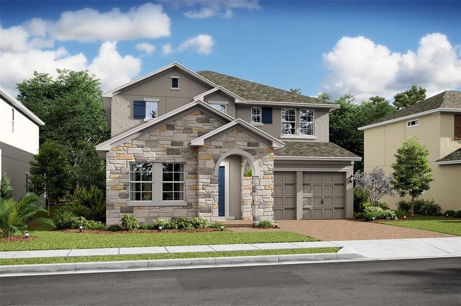 Front exterior of a new home in Osprey Ranch, Winter Garden, FL, highlighting curb appeal (Image 1). Front exterior of a new home in Osprey Ranch, Winter Garden, FL, highlighting curb appeal (Image 1).