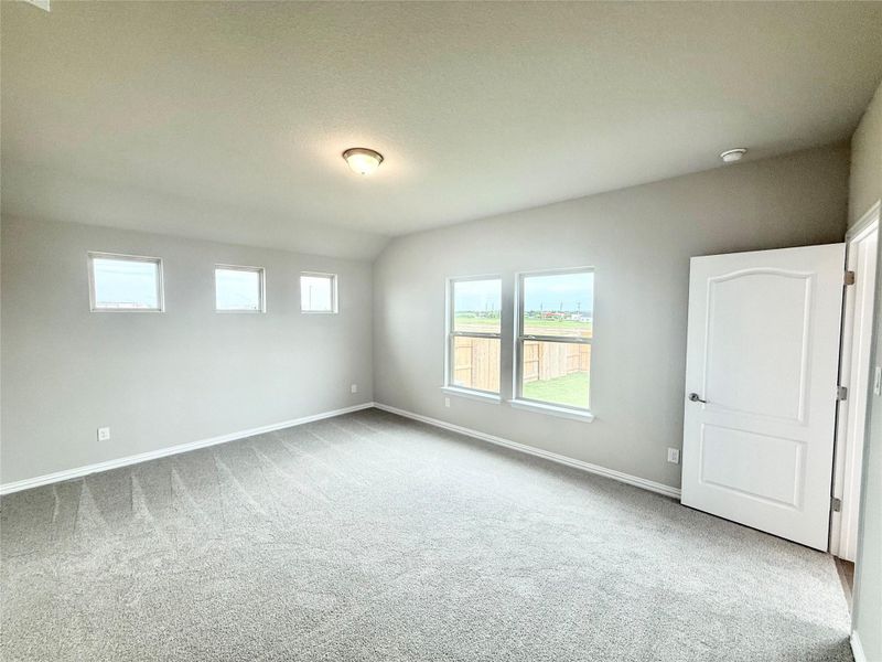 Carpeted spare room featuring baseboards and vaulted ceiling Carpeted spare room featuring baseboards and vaulted ceiling