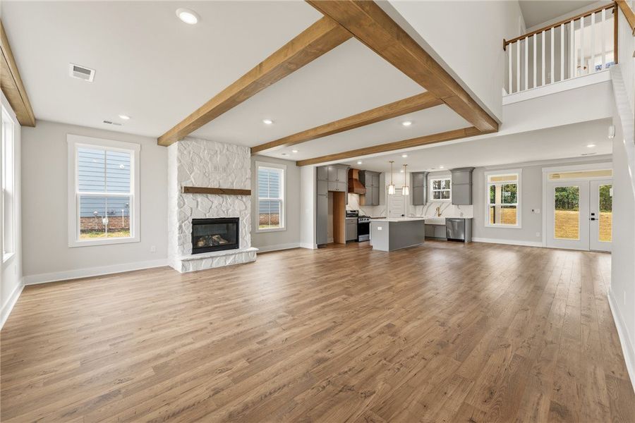 This expansive open-concept living area features a