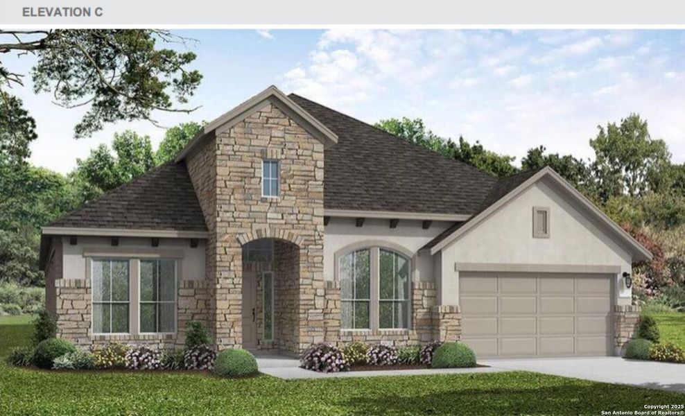 Front exterior of a new home in Homestead, Schertz, TX, highlighting curb appeal (Image 2).