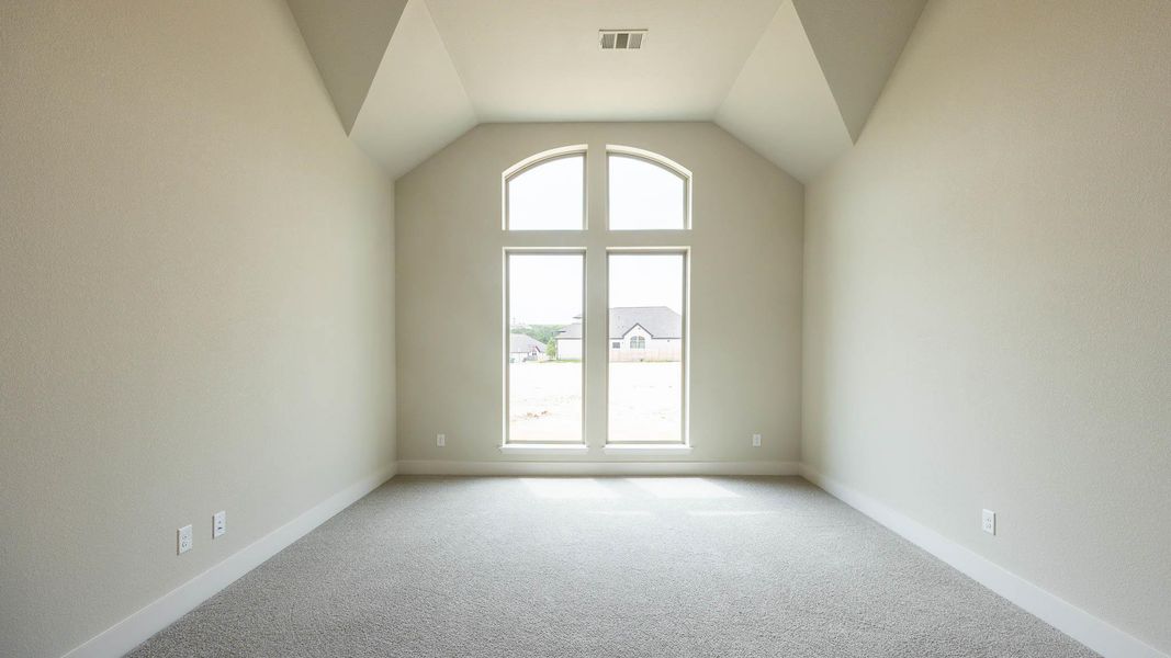 Empty room featuring carpet, baseboards, and lofted ceiling Empty room featuring carpet, baseboards, and lofted ceiling