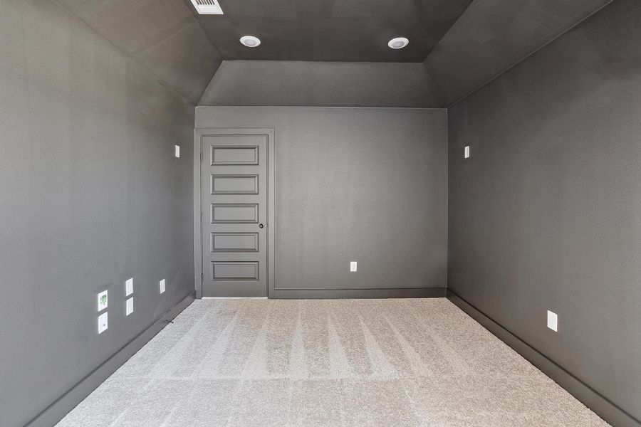 Carpeted spare room featuring visible vents and lofted ceiling Carpeted spare room featuring visible vents and lofted ceiling