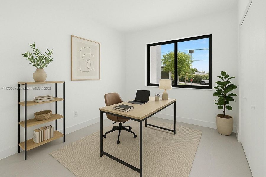 Staged as a stylish home office, this bedroom offers flexible space ideal for work, guests, or personalized use. Staged as a stylish home office, this bedroom offers flexible space ideal for work, guests, or personalized use.