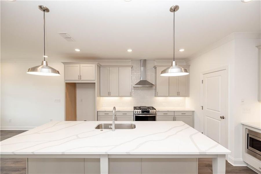 Huge Kitchen island, built in pantry concept, brand new home, new construction - Come see us! Pictures represent a previously built home, not the actual home.