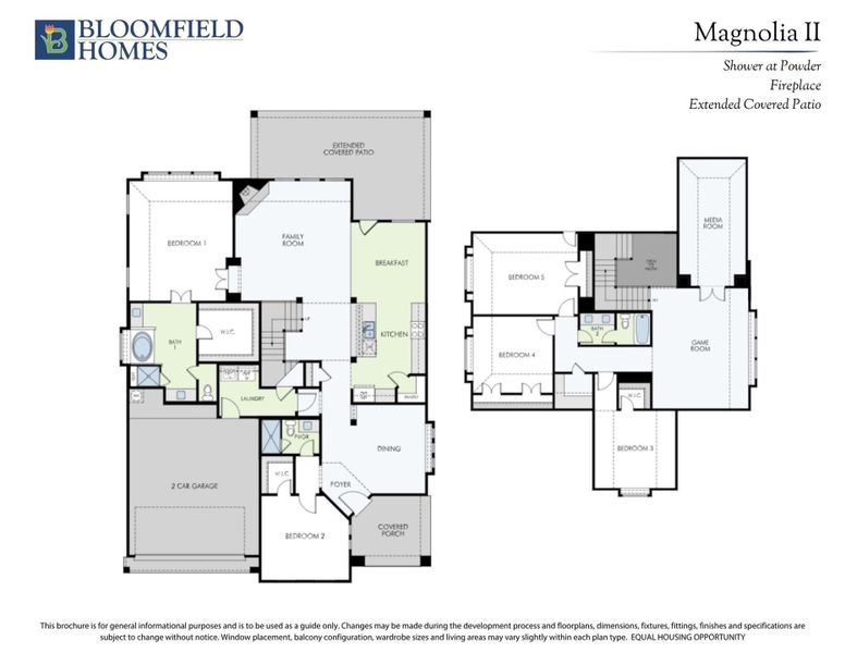 Bloomfield Homes Magnolia II two-story floor plan with five bedrooms, game room, media room, and two-car garage.