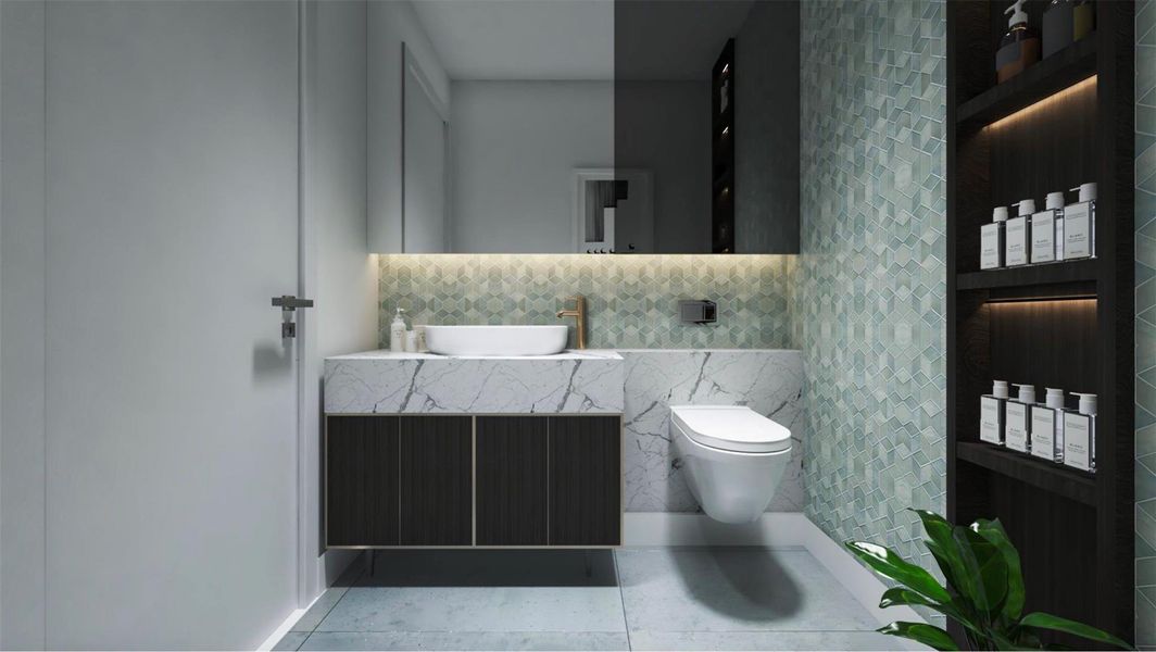 Modern bathroom with sleek design. Features a floating vanity with a marble countertop, under-cabinet lighting, and a wall-mounted toilet. Stylish geometric tiles add texture, while open shelving provides storage. A minimalistic, elegant space. Virtually staged. Modern bathroom with sleek design. Features a floating vanity with a marble countertop, under-cabinet lighting, and a wall-mounted toilet. Stylish geometric tiles add texture, while open shelving provides storage. A minimalistic, elegant space. Virtually staged.