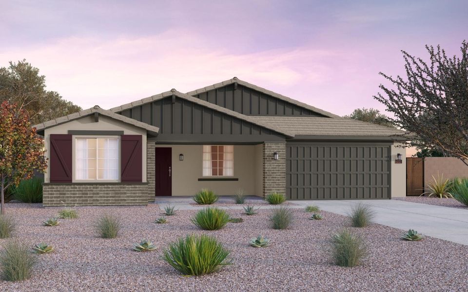 Representative exterior photo of a completed home built from the Agave by Brookfield Residential in Blossom Rock, Apache Junction, AZ (Image 1). Representative exterior photo of a completed home built from the Agave by Brookfield Residential in Blossom Rock, Apache Junction, AZ (Image 1).