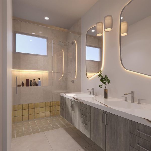 Bathroom with double vanity, a walk in shower, light tile patterned flooring, and recessed lighting