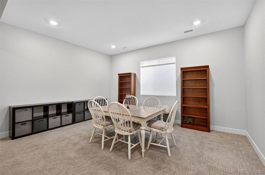 Basement Game or Dining Area – Versatile flex space ideal for a game table or dining setup, accented by soft carpeting and recessed lighting.