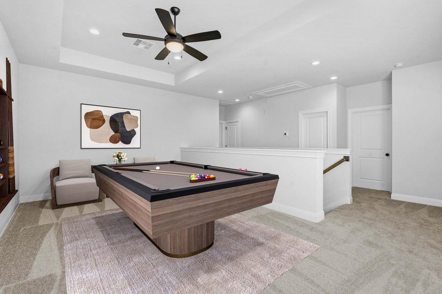 Game room with pool table, light colored carpet, recessed lighting, and ceiling fan